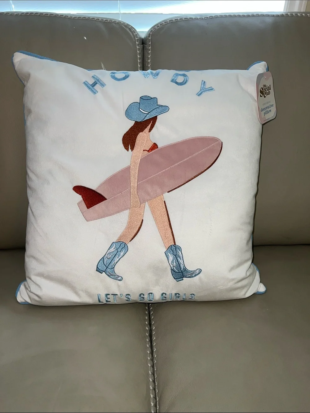 Let's Go Girls White Decorative Throw Pillow with Pink Surfboard